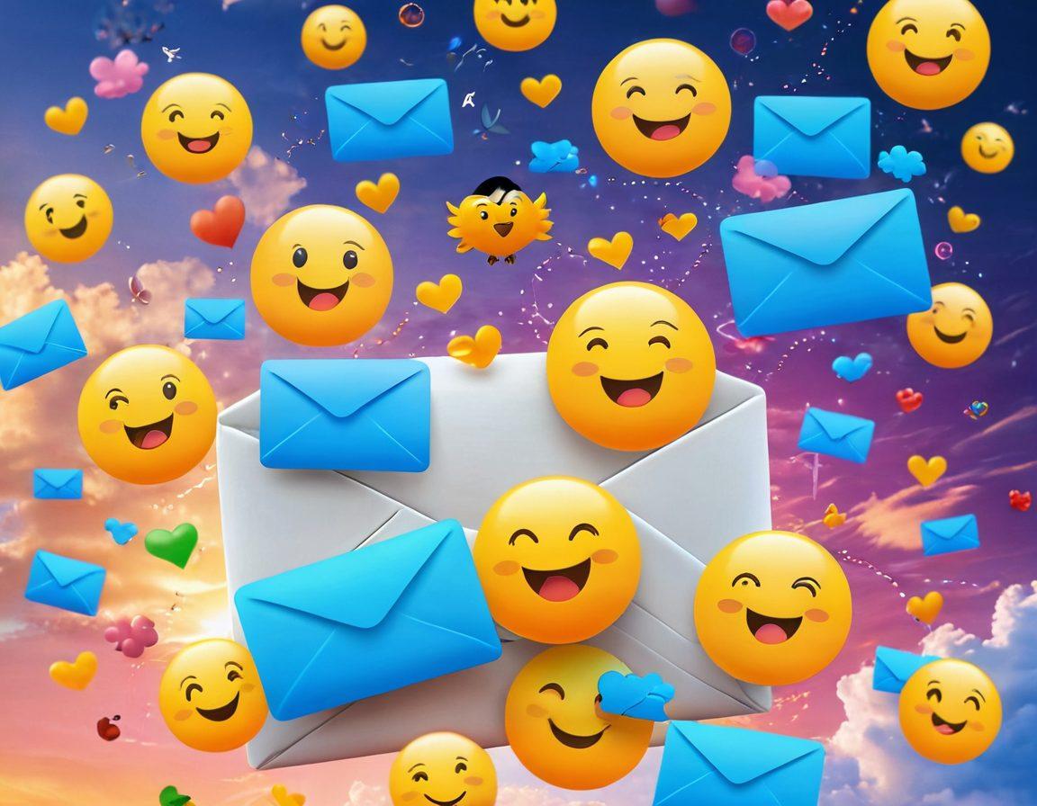 A cheerful email interface glowing with vibrant colors, featuring smiling emojis and colorful icons representing joyful communication. In the background, a sunny sky with clouds and birds symbolizes positivity and transformation in email experiences. Soft glow effects around the email elements enhance the joyful theme. digital art. vibrant colors. super-realistic.