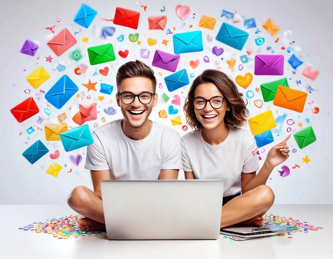 A cheerful, whimsical scene depicting a person joyfully typing on a laptop surrounded by colorful email icons floating in the air. The background features soft pastel colors and stylized elements representing happy communication, such as emojis, hearts, and light rays. The person should have a bright smile, conveying satisfaction and positivity. super-realistic. vibrant colors. white background.