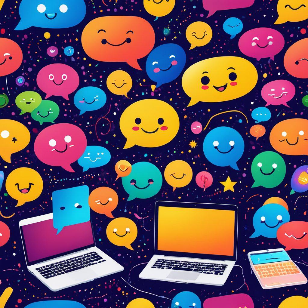 A whimsical, colorful digital illustration of a variety of communication tools like speech bubbles, smartphones, and laptops, all radiating beams of light symbolizing connection and joy. The background features abstract patterns of emoji and playful graphics that represent emotions like happiness and warmth. The overall feel should be engaging and uplifting, capturing the essence of delightful messaging. vibrant colors. vector art.
